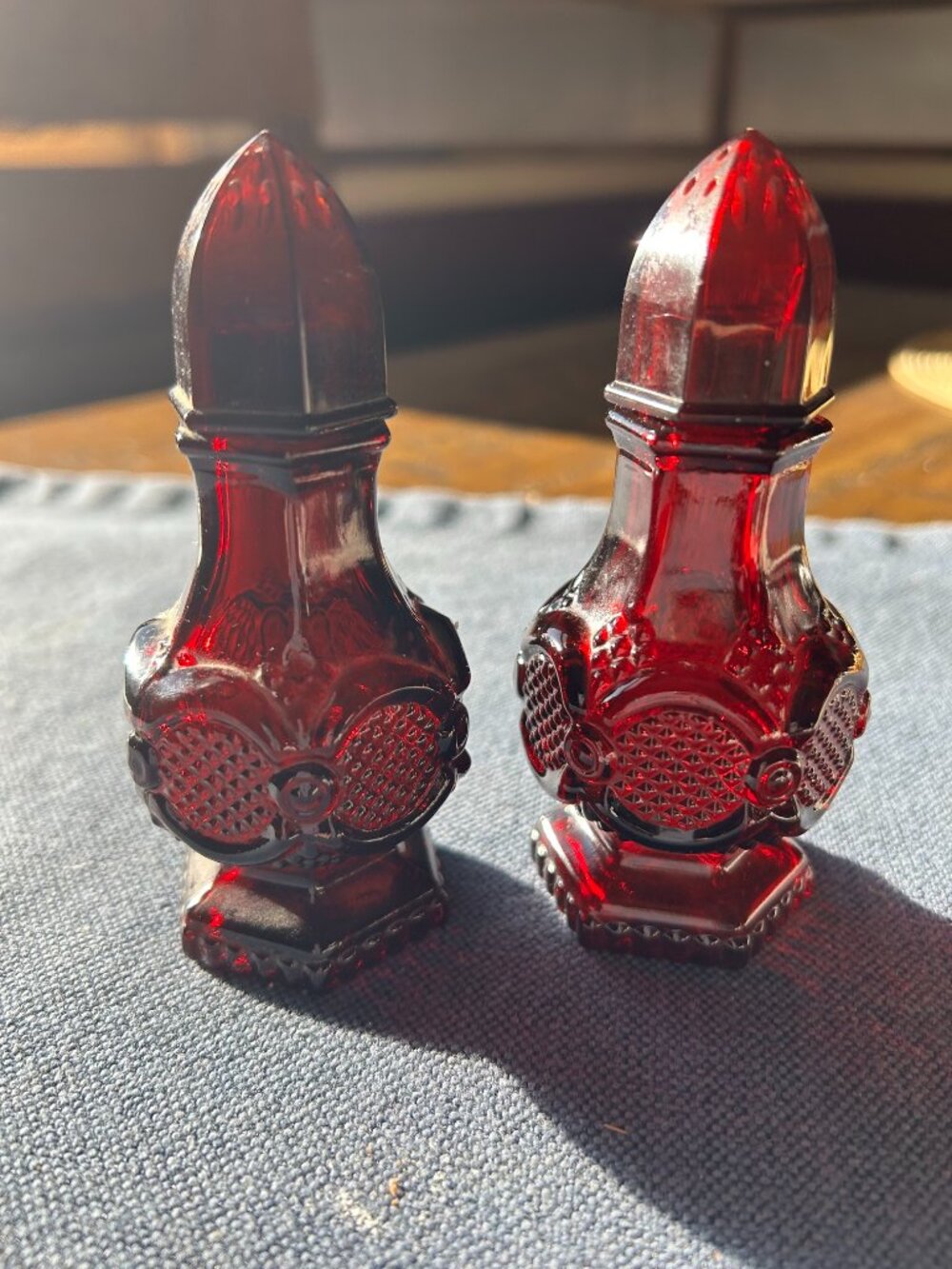 Vintage Avon 1876 Cape Cod Ruby Red glass salt & pepper shakers 5 in tall
